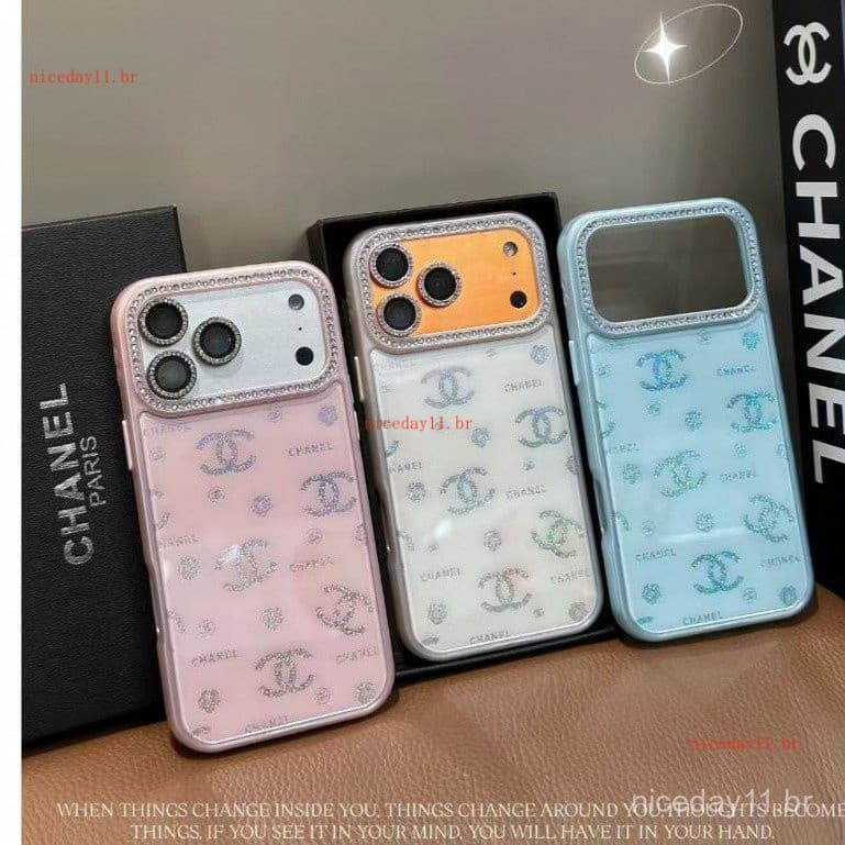 Caixa de presente de marca elegante, com capa de couro luxuosa e diamantes brilhantes, adequada para iPhone 17 16 15 Pro