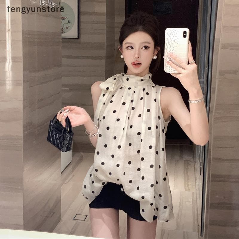 Estilo Francês Hepburn Elegante E Branco Bolinhas Tops Femininos Gravata Borboleta Camisa Feminina