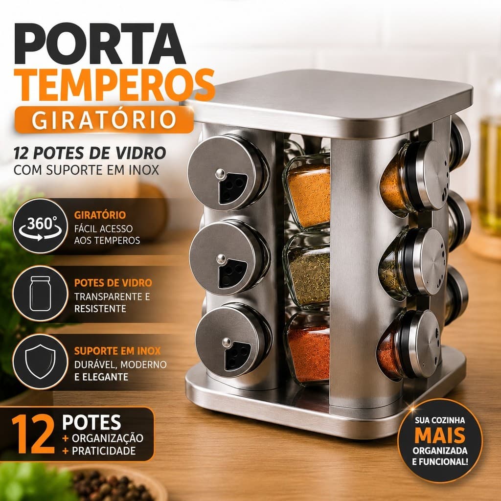 Porta Temperos Giratório 12 Potes de Vidro com Suporte Inox Organizador de Cozinha