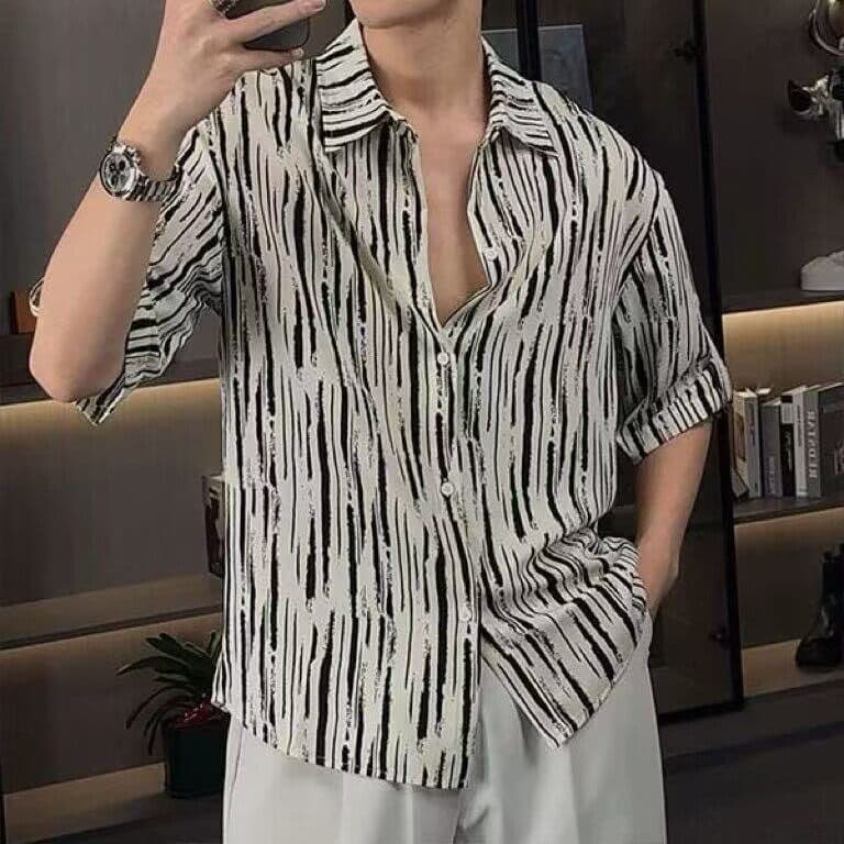 Estilo Hong Kong Yuppie Preto Branco Listrado Estilo Fino Camisa Estilo Hong Kong Verão Lapela Seda Gelo Manga Curta Sol