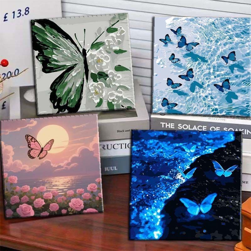 Pintura a óleo digital DIY para adultos, imagem de paisagem com borboletas para alívio do estresse.