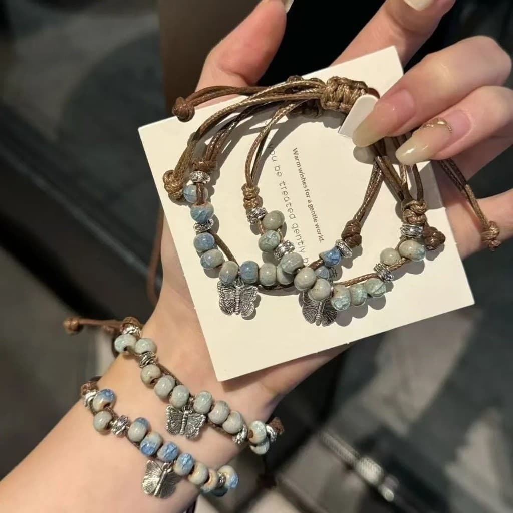 Nova Pulseira Trançada com Contas de Cerâmica Estilo Borboleta dos Sonhos, Estilo Chinês, Tendência Nacional Retrô, Esti