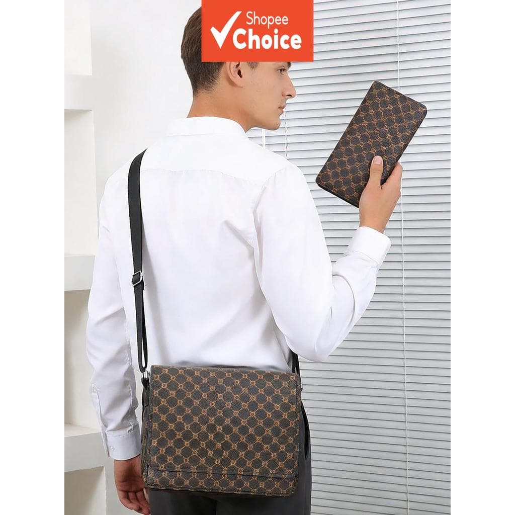 Conjunto de 2 bolsas tiracolo com monograma para homens - bolsa tiracolo de couro sintético texturizado com alça
