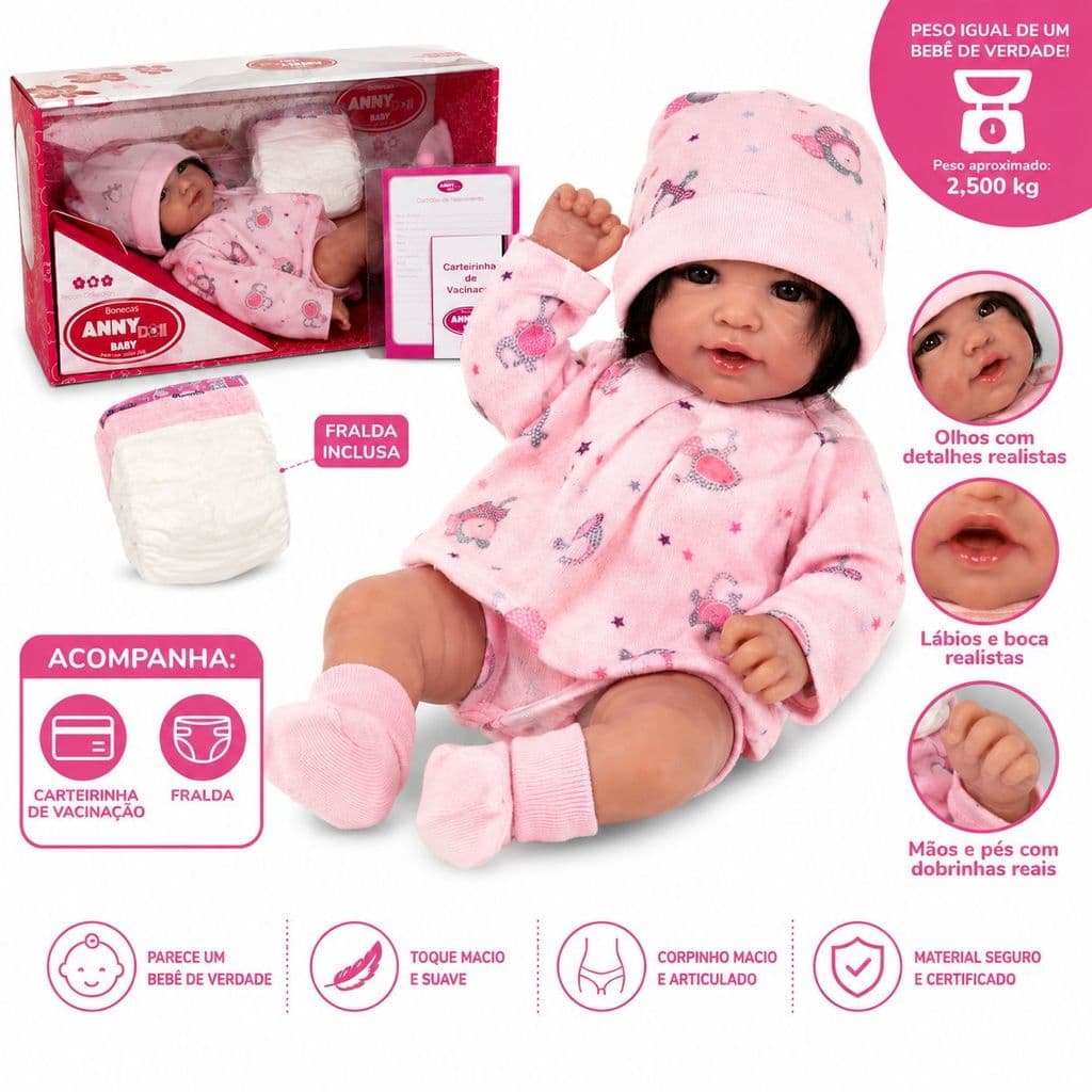 Boneca Bebê Reborn Grande Baby Anny Doll Menina com Cabelo Fralda e cartão de Vacina