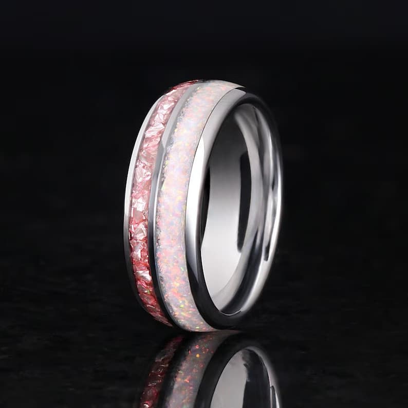 Anel de aço inoxidável de 8mm para homens e mulheres, anel brilhante rosa e branco, imitação de cinábrio, disponível par