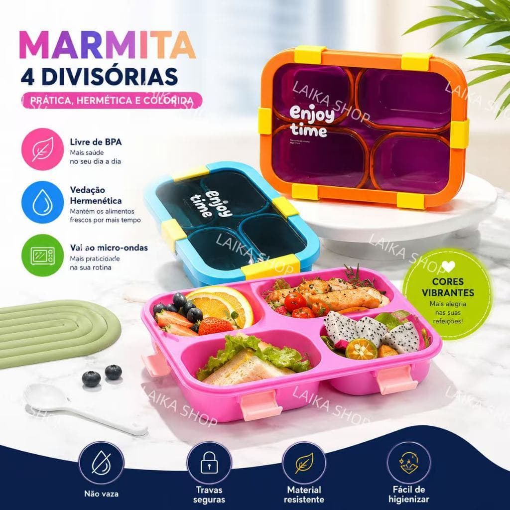 饭盒M05Marmita Hermética Lancheira Porta Alimentos 4 Divisórias com Travas de Segurança Tampa Transparente