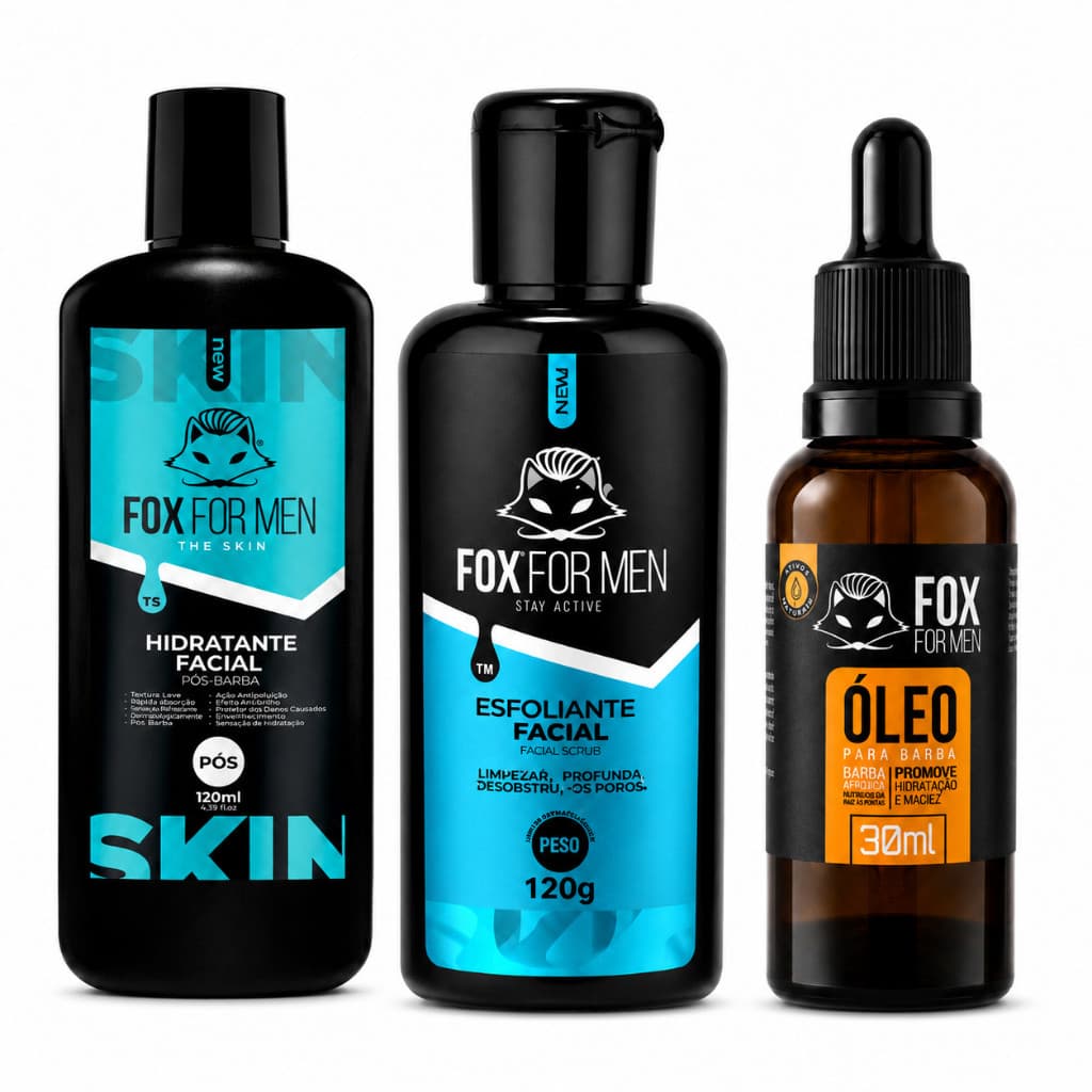 Kit Barba 3 em 1 Esfoliante Pré-Barba 120g + Óleo 30ml + Pós-Barba 120g Fox For Men Pele Macia Leve