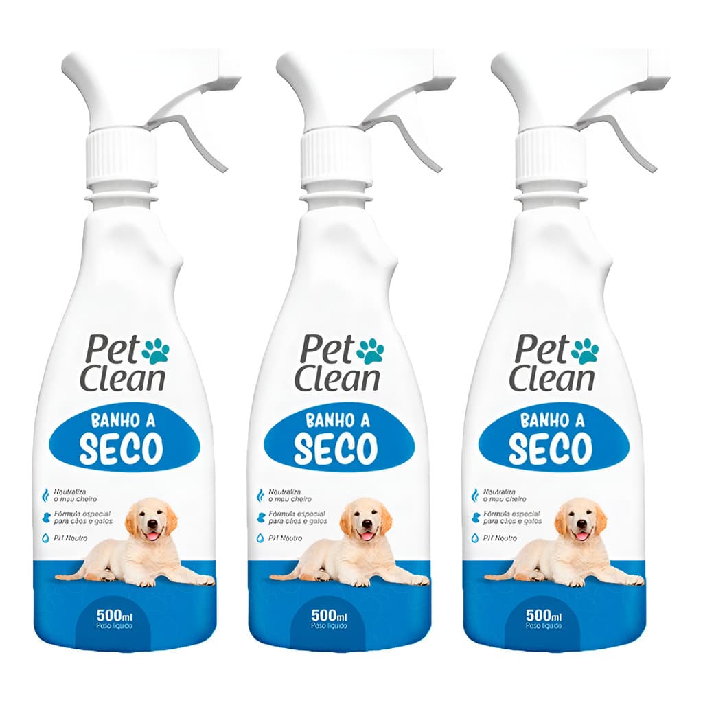 Kit 3 Banho a Seco Spray Sem Enxágue para Cachorro e Gato Pet Clean - 500 ml