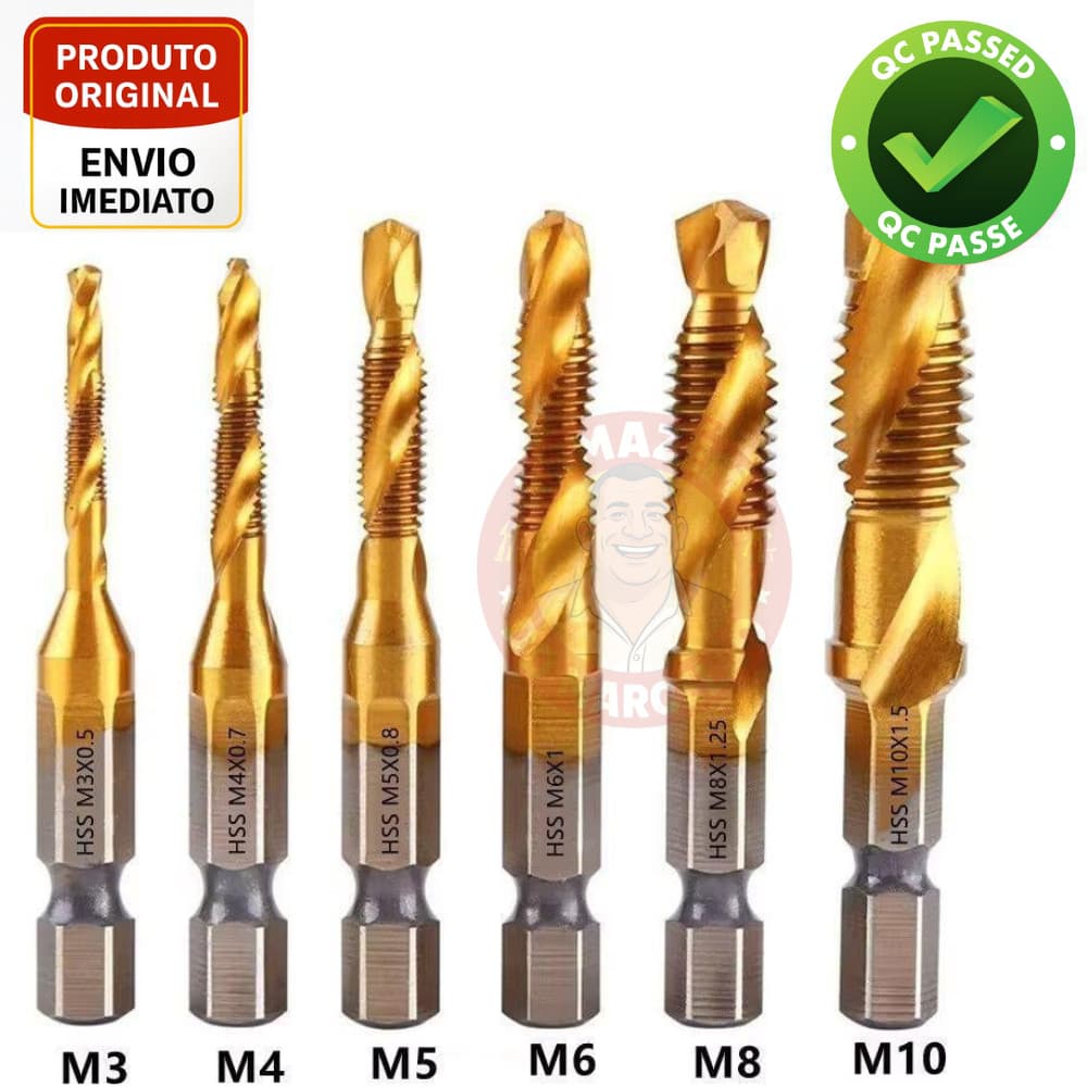Jogo Macho e Tarraxa HSS Titânio 6 Peças M3 a M10 Furadeira Rosca Métrica Profissional Aço Rápido