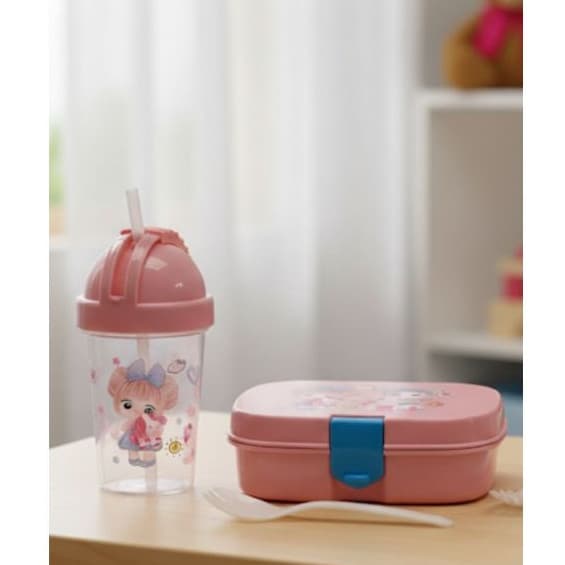 Kit Garrafa Pote Com Talher Branco Infantil com Divisoria ROSA