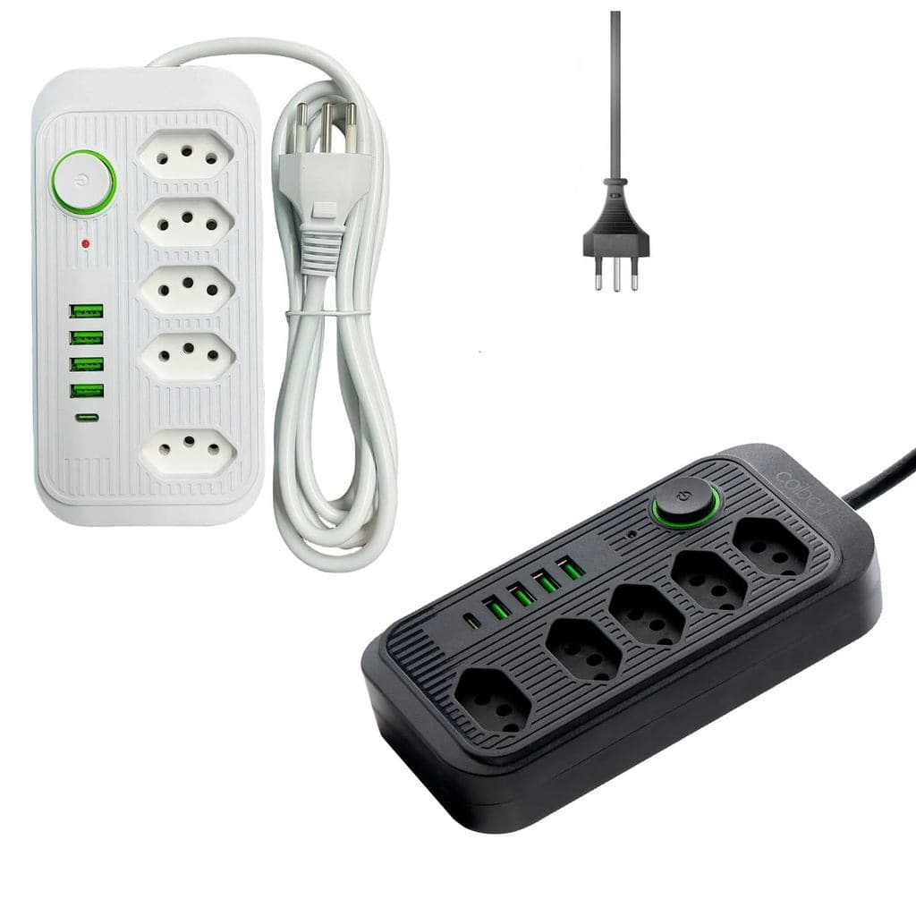Filtro de Linha, Extensão Régua Tomada com 5 Tomadas, 4 USB e 1 USB-c, Cabo de 3 Metros, Bivolt - Branco