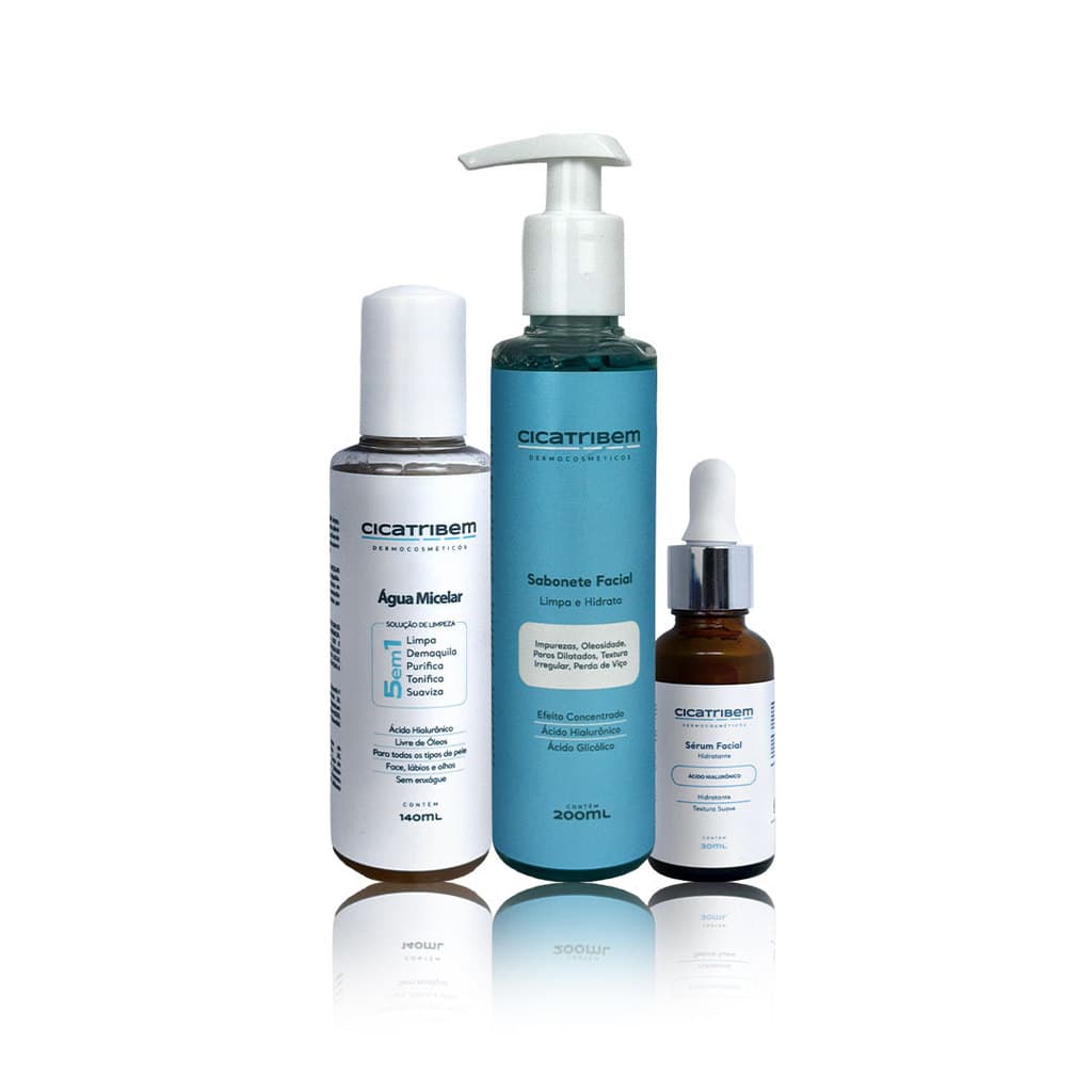 Kit Skincare Cicatribem — Água Micelar + Sabonete Facial + Sérum Hialurônico | Rotina completa