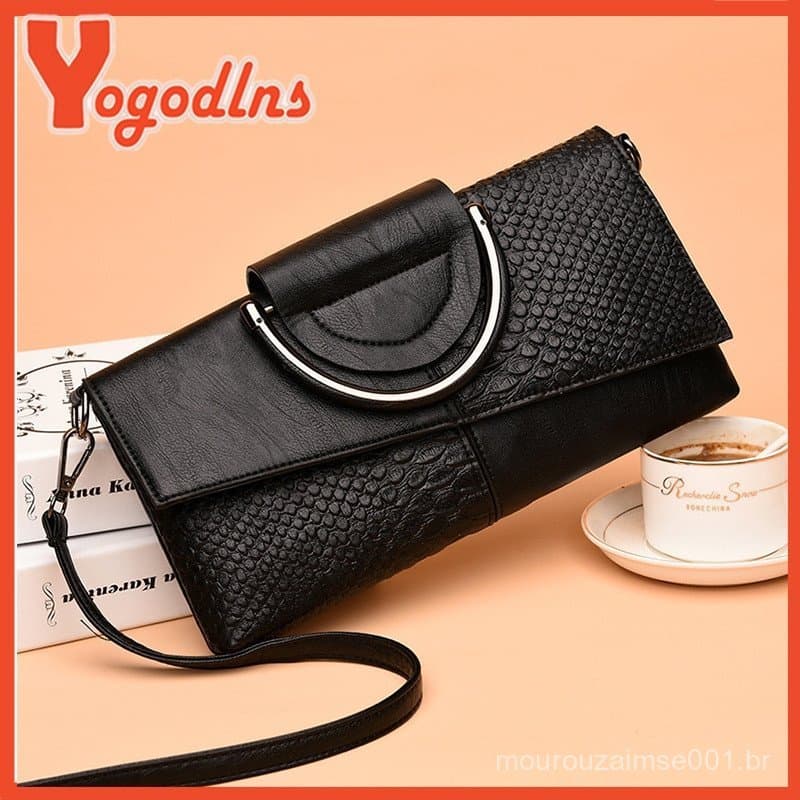 Bolsa de Ombro Vintage de Couro PU Feminina Yogodlns, Clutch Envelope Preto Sólido com Padrão de Crocodilo, Bolsa Transv