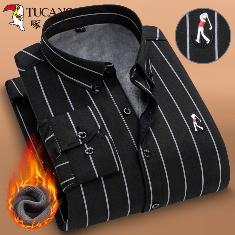 Woodpecker Camisa quente masculina de inverno listrada de manga comprida de meia-idade solta de uma peça