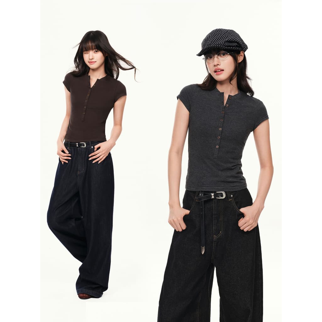 P PSO Marca Feminina Retro Henry Collar Cor Sólida Casual Formal Ombro Manga Curta Camiseta Feminina Slim-fit Sli