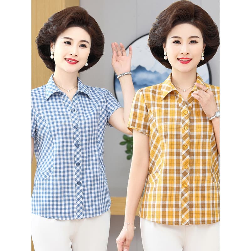 Mãe verão de manga curta xadrez camisa de algodão moda nova meia-idade idosos mulheres verão lavado algodão Cardigan lap
