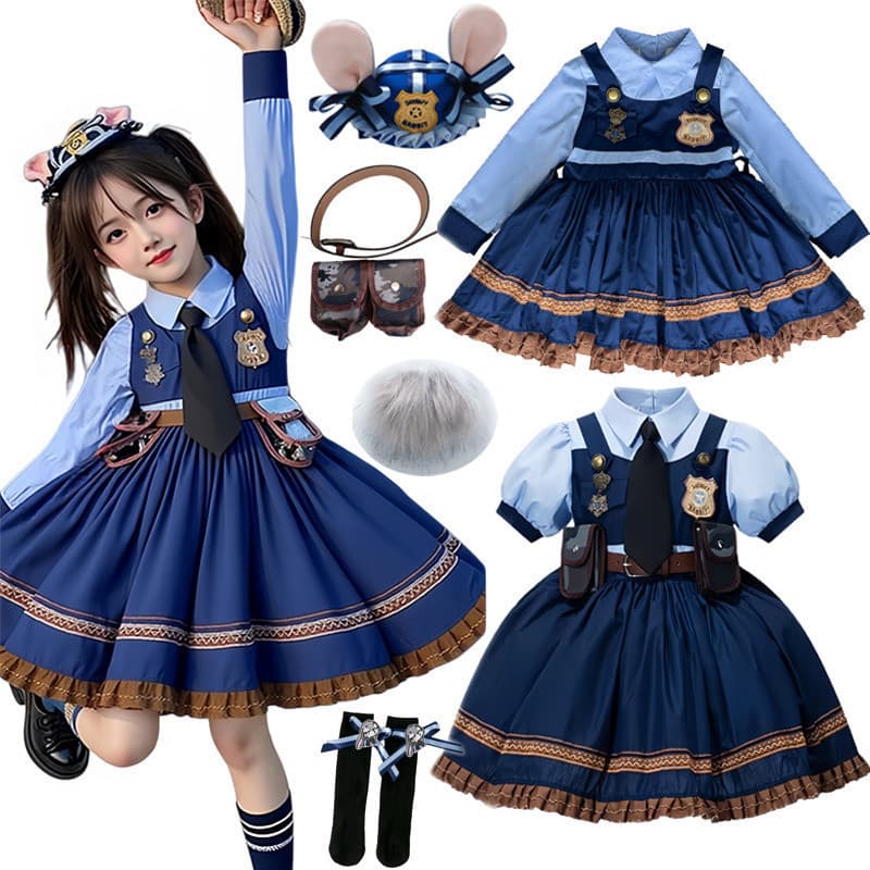 Zootopia Judy Rabbit Police Lolita Conjunto De Vestido Para Meninas , Saia Infantil , Chapéu , Faixa De Cabelo , Fantasi