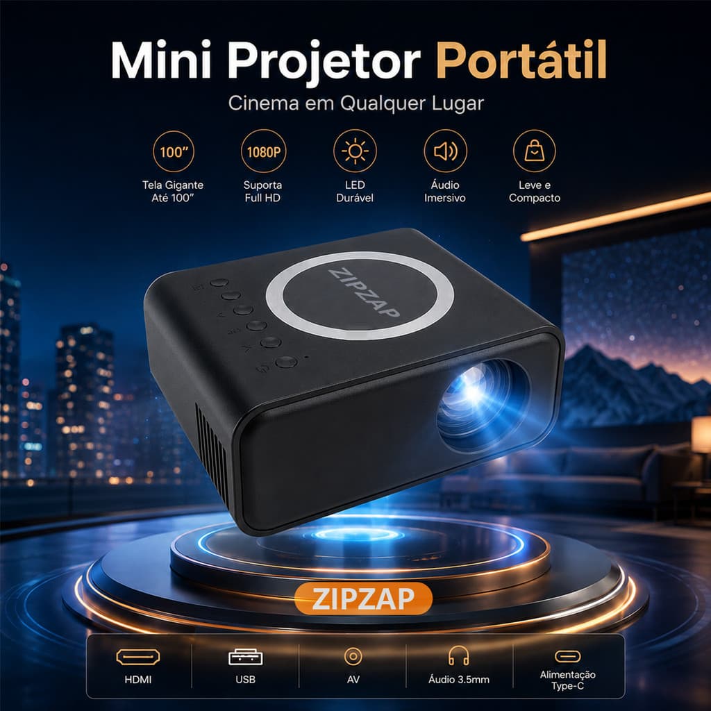 Mini Projetor Portátil LED Compatível Full HD 1080P HDMI USB AV Tela Até 100 Polegadas ZIPZAP