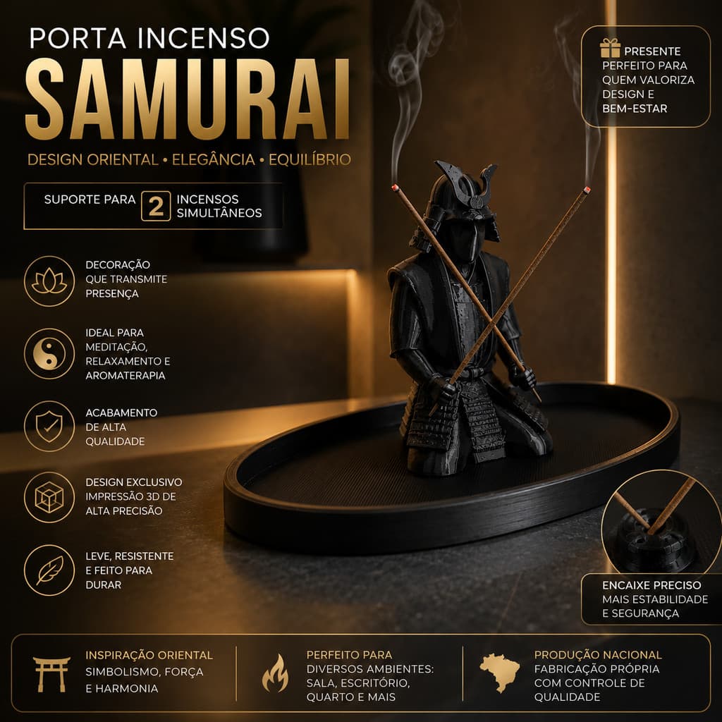 Porta Incenso Samurai Decorativo 3D | Suporte para 2 Incensos Zen Decoração Oriental Sala Escritório