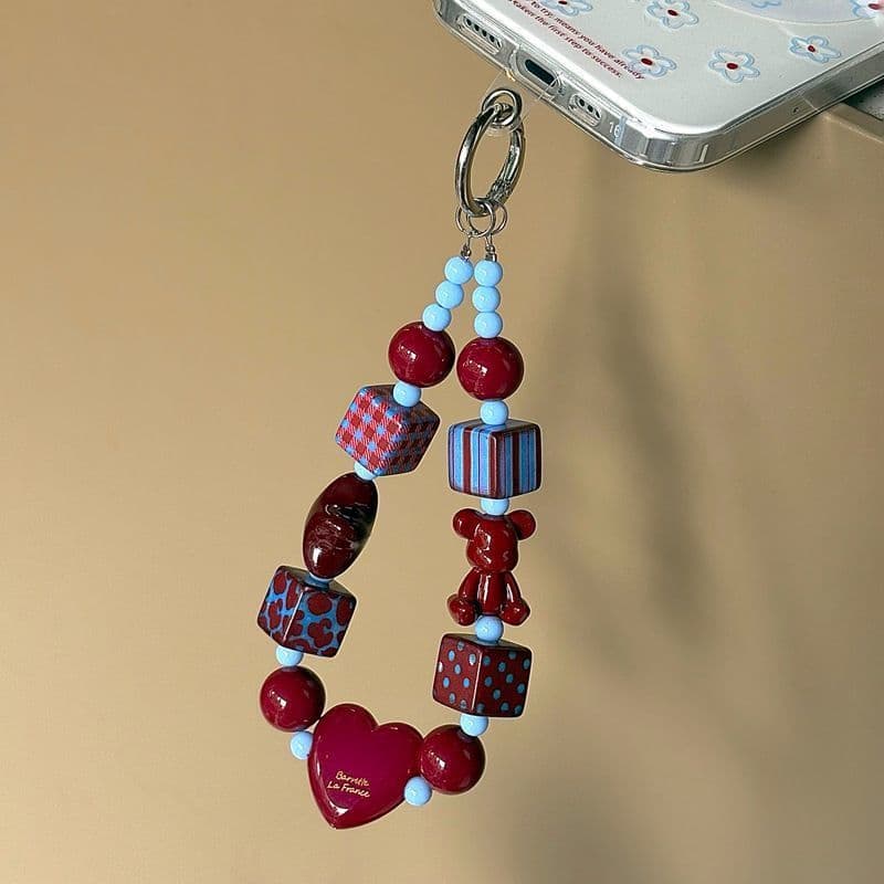 Alça de telefone em forma de coração com urso violento cor bordô estilo Ins, acessório para bolsa de câmera, ornamento d