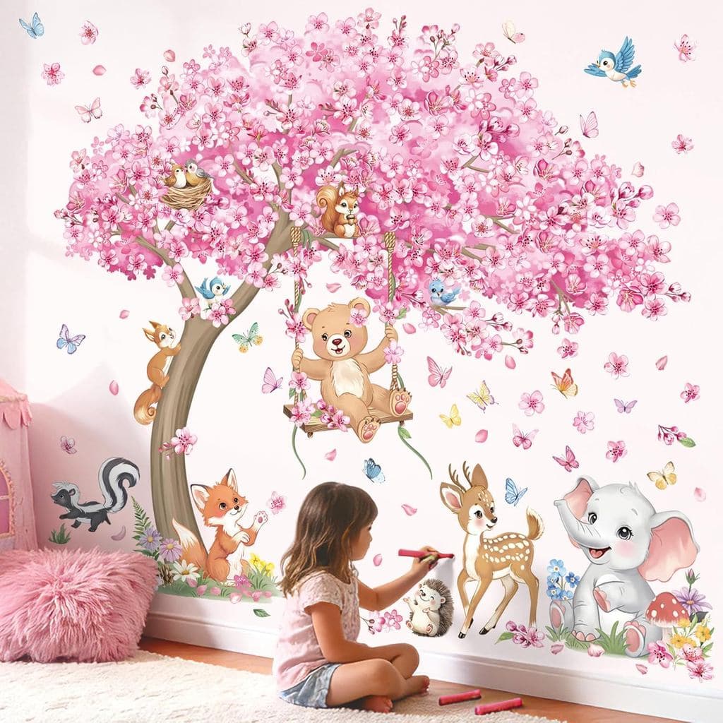 decalmile Adesivos de Parede Grande com Árvore de Flor de Cerejeira, Animais da Floresta, Urso, Cervo, Flores Rosas, Dec