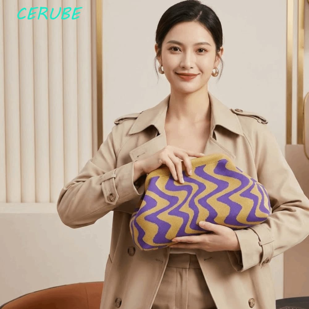 Bolsa De Moedas De Malha CERUBE , Clutch De Crochê Listrada Geométrica De Grande Capacidade , Poliéster