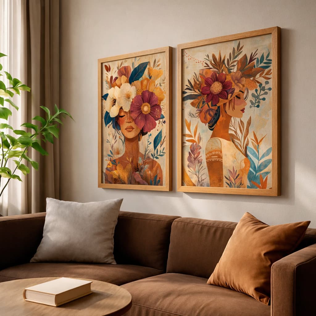 Kit 2 Quadros Mulher com Flores Tons Terrosos Arte Moderna Decor