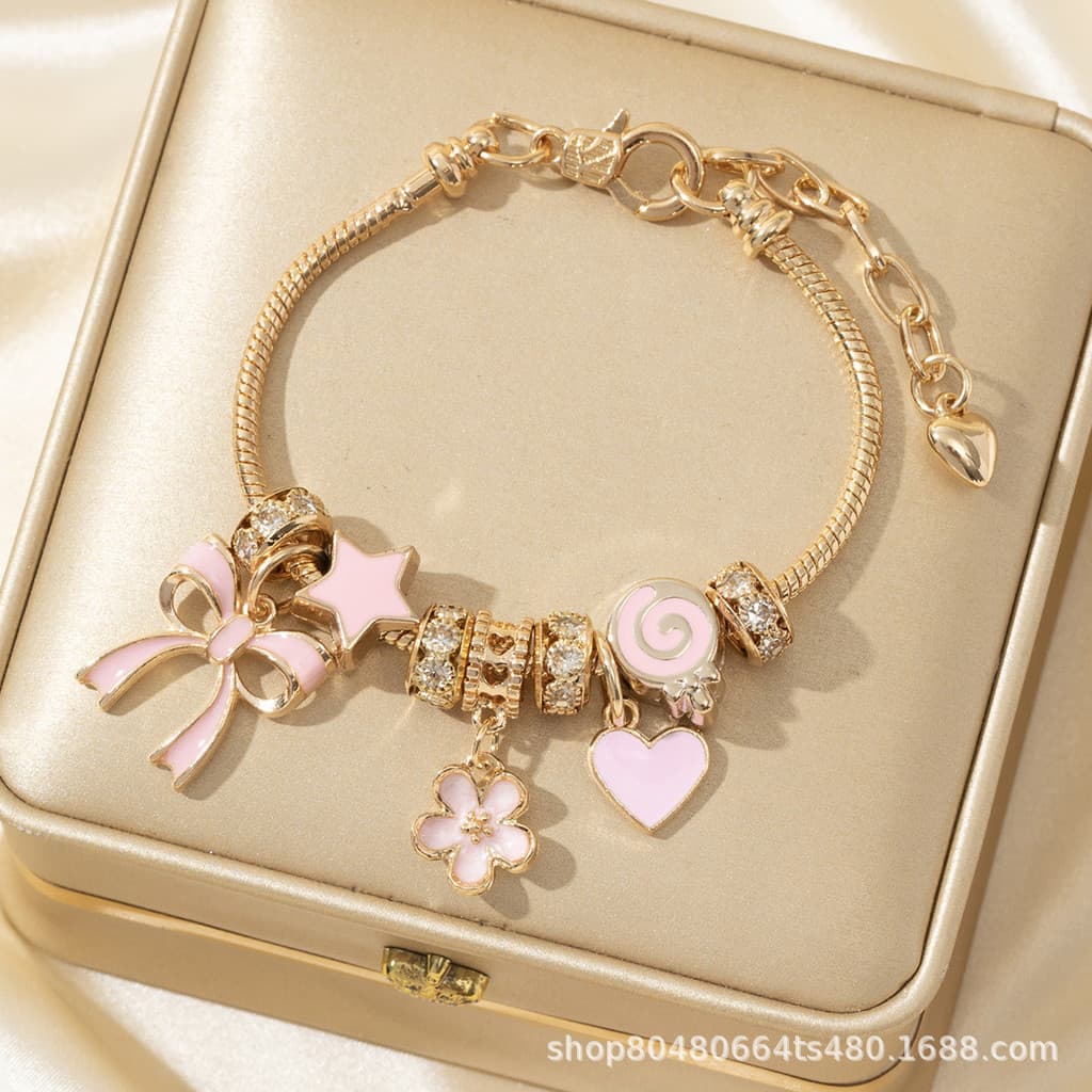 Rosa arco amor coração pirulito flor pingente moda jóias pulseira