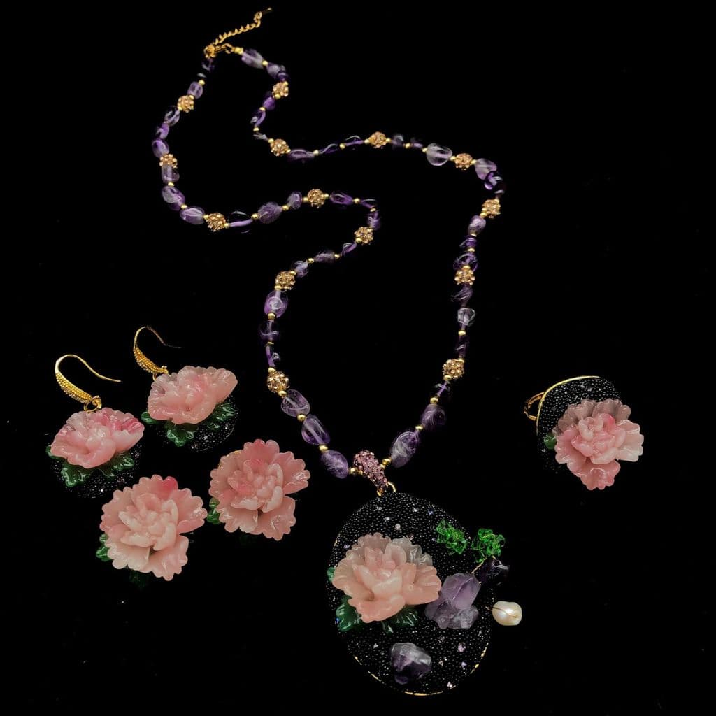 Design Original estilo peônia flor conjunto estilo chinês colar anel brincos mestre com bens venda quente fabricante de