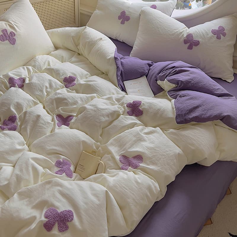 Primavera novo estilo toalha bordada cama conjunto de quatro peças lavado algodão lençol colcha capa roxo dormitório est