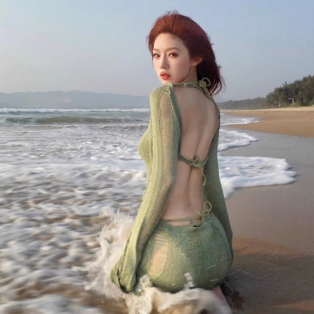 Blusa de biquíni verde primavera quente maiô feminino 2026 novo estilo Sanya beira-mar férias exterior manga longa pulôv