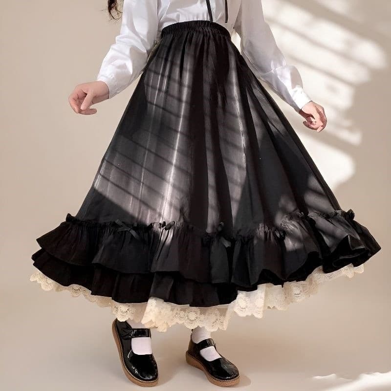 Estilo Japonês Coreano Vintage Francês Dupla Camada Babados Cor Sólida Preto Branco Uma Linha Meia Saia Longa Feminina