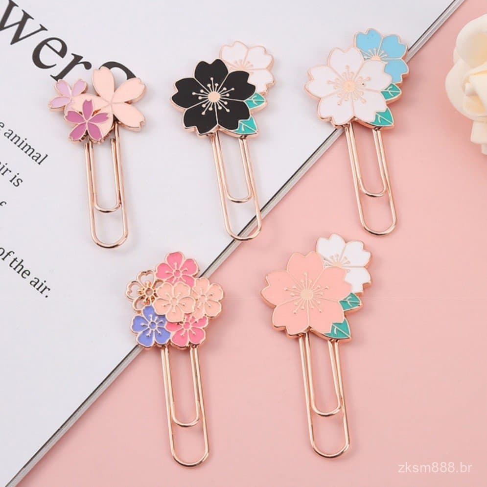 1 marcador de metal, padrão de flor de cerejeira rosa, clipe de papel com flor de cerejeira, presente de marcador, mater