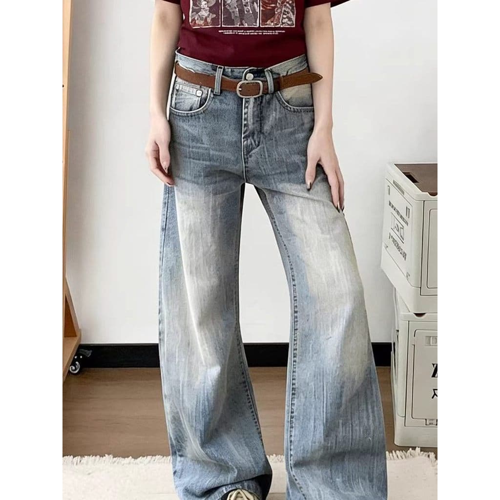 Americano Retro reto lavado padrão de bambu Machete Jeans feminino 2026 verão novo estilo solto calças compridas de pern