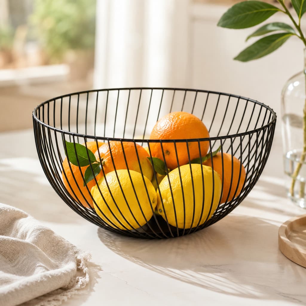 Fruteira De Mesa Aramada Grande Em Metal Preto Cesto Para Frutas Design Moderno Cozinha Luxo