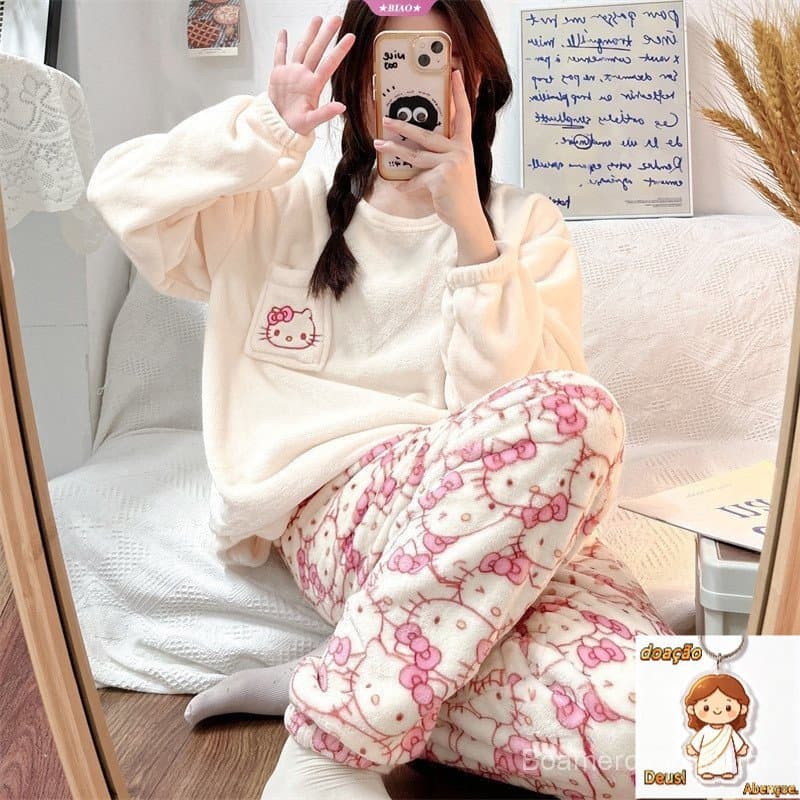 Novos Pijamas de Flanela Kawaii Sanrio Hello Kitty para Meninas, Inverno e Outono, Forro Quente, Roupas de Presente