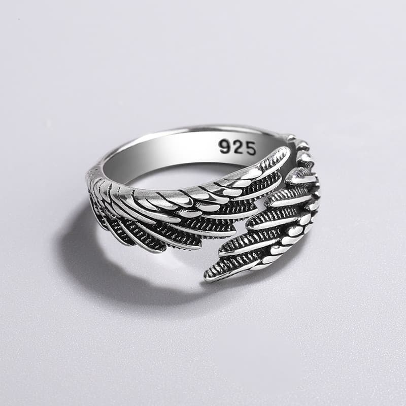 Anel vintage com efeito envelhecido e detalhes de pena, joia de prata tailandesa simples e elegante, anel feminino perso