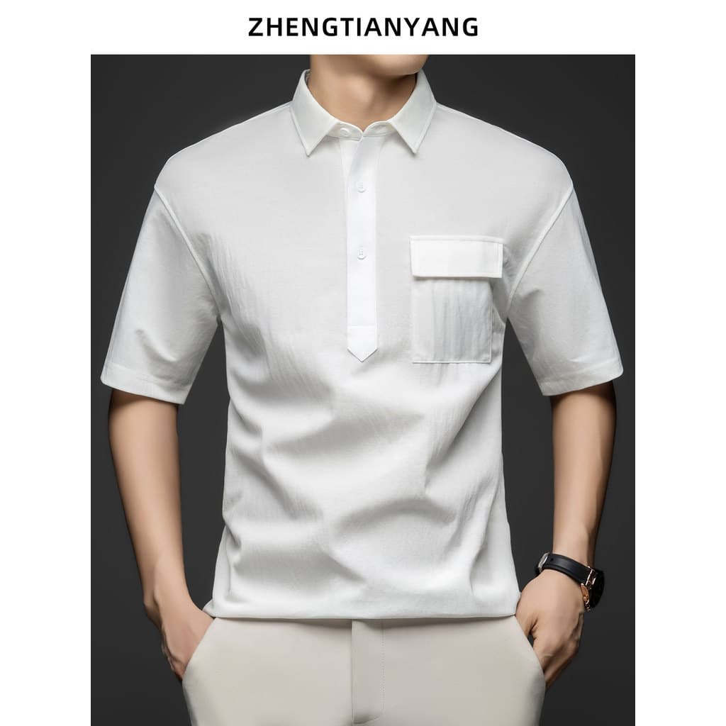 Velho dinheiro estilo linho manga comprida algodão manga curta camiseta masculina verão lapela ferramentas solto algodão