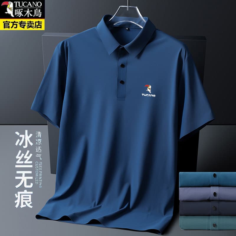 Woodpecker camisa polo de seda gelo masculina de manga curta verão fino solto tamanho grande lapela camiseta pai topo
