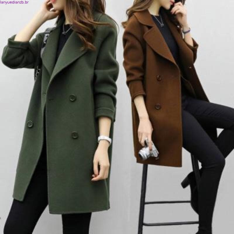 Casaco Longo de Lã Casual para o Inverno, Sobretudo Fino e Quente QL532