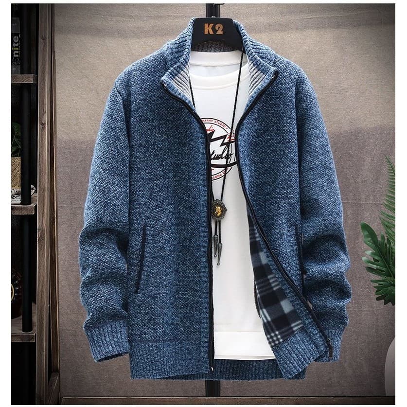 Homens malhas Cardigan versão coreana na moda outono inverno jaqueta forro de lã engrossado jaqueta superior fino grosso