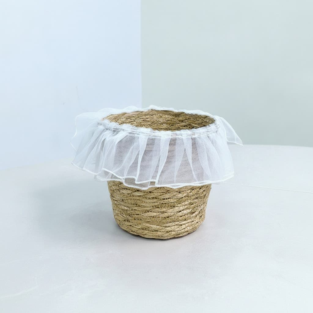 Cesta De Palha Com Acabamento Em Malha , Decorativa Para Plantador , Recipiente Leve Plantas , Natural Floristas