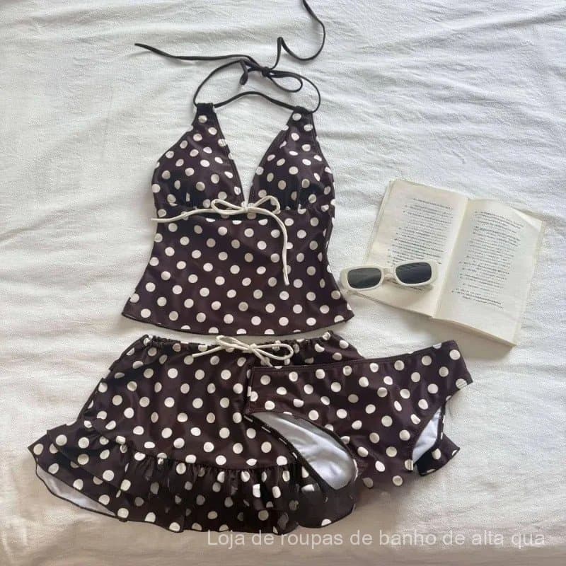Biquíni Vintage Y2k Feminino com Top Cropped e Estampa de Bolinhas, Conjunto de 3 Peças, Moda Praia Verão Harajuku, Doce