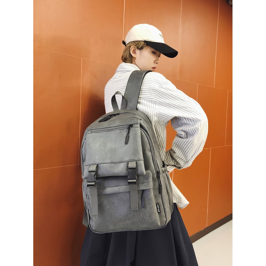Mochila estilo retrô masculina feminina estudantes universitários cor sólida estilo ferramentas bolsa escolar de couro P