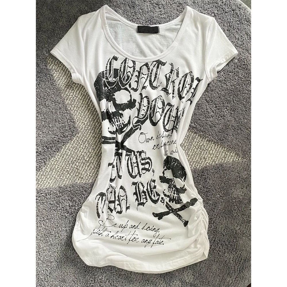 Camiseta Vintage Feminina Y2k de Verão Estilo Punk Rock com Estampa de Caveira Manga Curta [Fantasia de Halloween] RA7B