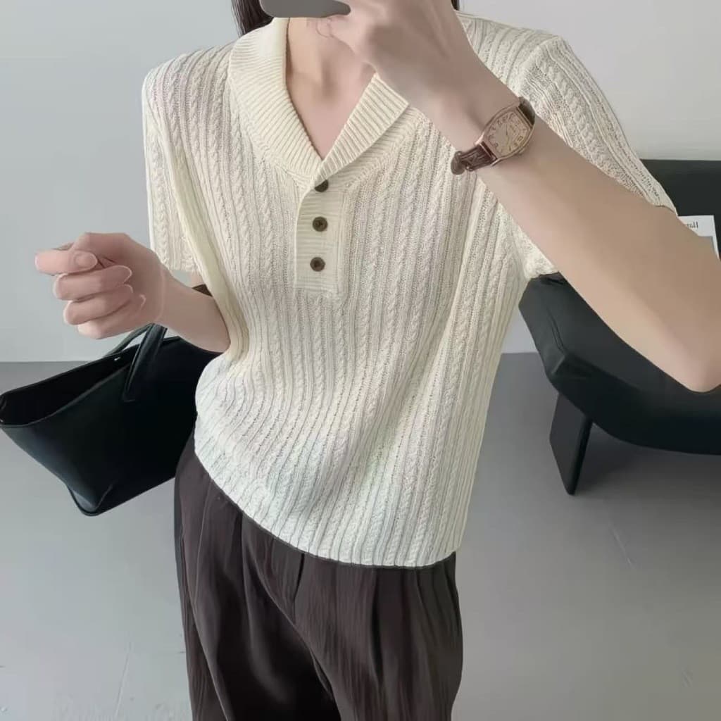 Blusa feminina de manga curta com decote em V, novo estilo de verão, corte justo, com botões, damasco 123.