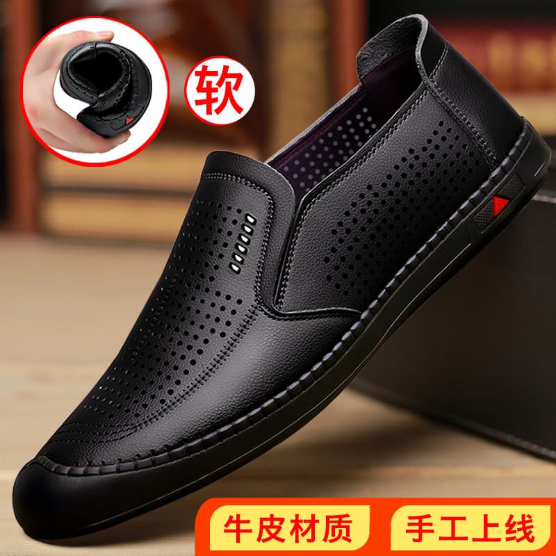 Homens verão buraco sandálias casuais sapatos de couro genuíno respirável novo estilo sola macia All-Match meia-idade Ho