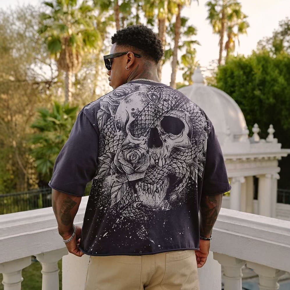 Camiseta masculina Oversized YOUNGLAS American Skull manga de cinco pontos academia esportes Fitness algodão Casual mang