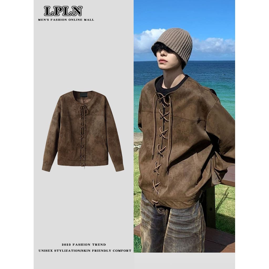 LPLN Meilade cordão masculino par lapela High-End sentimento volta voando peça Design Retro motocicleta jaqueta de couro
