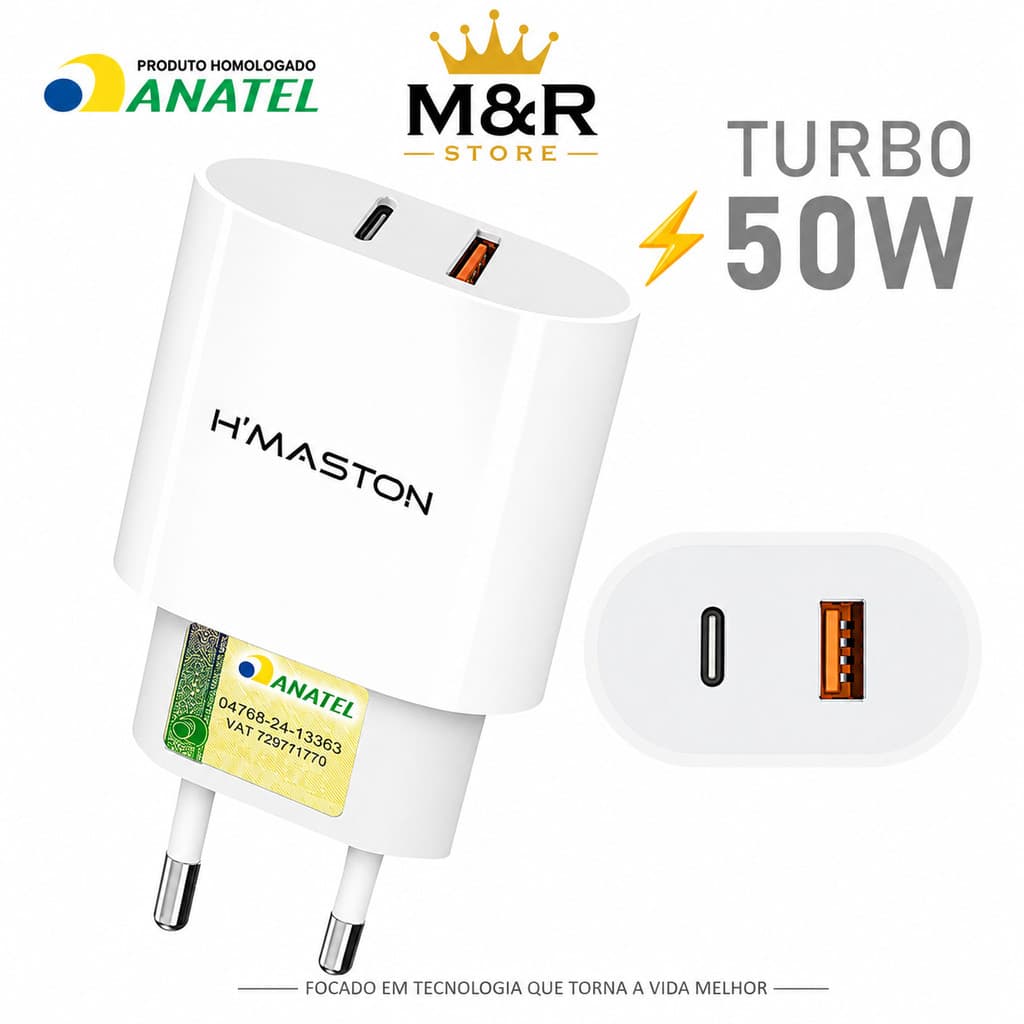 Carregador Turbo 2 Saídas Fonte 50W 2 Entradas USB e USB-C com Cabo Lightning Ultra Rápido
